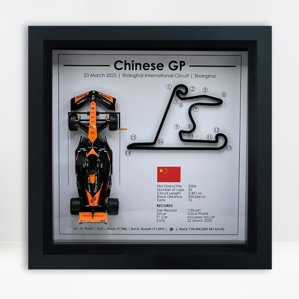 Oscar Piastri 2025 Chinese Grand Prix 3D Track Frame – McLaren Racing Collectible Wall Art, Shanghai International Circuit Showpiece