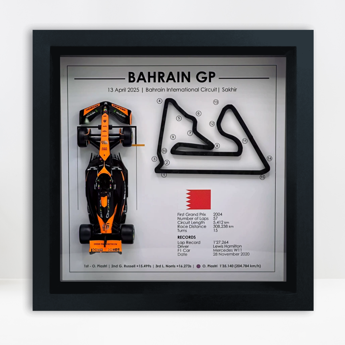 Oscar Piastri 2025 Bahrain Grand Prix 3D Track Frame – McLaren F1 Victory at Sakhir Circuit Wall Art