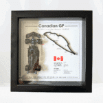 Framed 3D display commemorating George Russell’s 2025 Canadian Grand Prix win at Circuit Gilles-Villeneuve, featuring a Mercedes F1 car and race track layout.