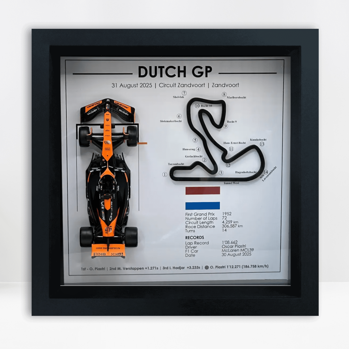 Oscar Piastri Victory – Dutch Grand Prix 2025 Shadowbox Display - Formula 1 Gift Idea - Zandvoort F1 Circuit