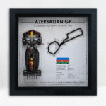 Framed 3D art of Max Verstappen’s victory at the 2025 Azerbaijan Grand Prix in Baku, featuring Red Bull car, track layout, and race stats.