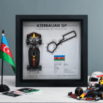 Framed 3D art of Max Verstappen’s victory at the 2025 Azerbaijan Grand Prix in Baku, featuring Red Bull car, track layout, and race stats.