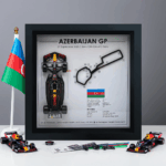 Framed 3D art of Max Verstappen’s victory at the 2025 Azerbaijan Grand Prix in Baku, featuring Red Bull car, track layout, and race stats.