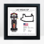 Max Verstappen Las Vegas Grand Prix 2025 3D shadowbox wall art featuring Red Bull F1 car and Las Vegas Strip Circuit map in black frame