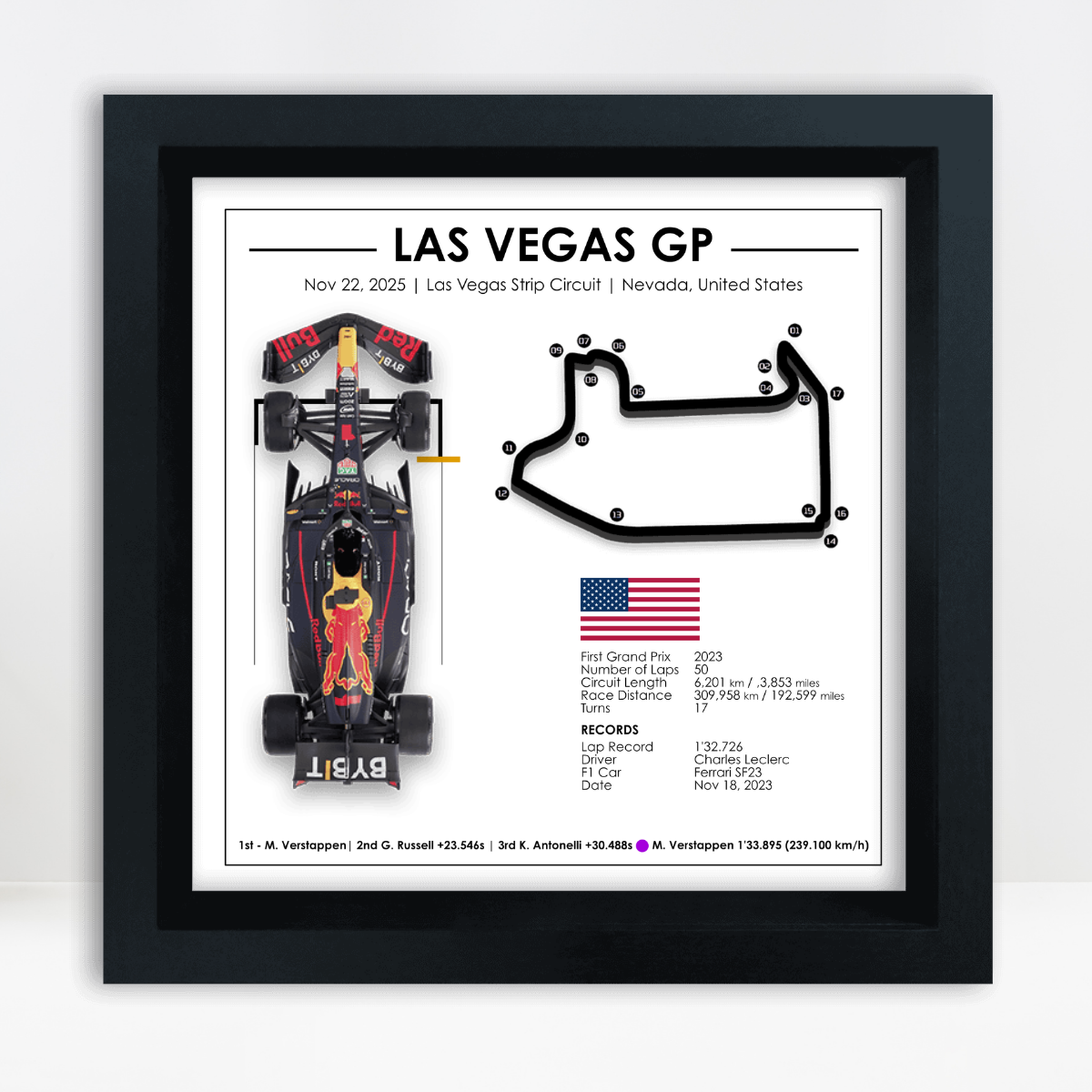 Max Verstappen Las Vegas Grand Prix 2025 3D shadowbox wall art featuring Red Bull F1 car and Las Vegas Strip Circuit map in black frame