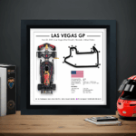 Max Verstappen Las Vegas Grand Prix 2025 3D shadowbox wall art featuring Red Bull F1 car and Las Vegas Strip Circuit map in black frame