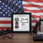 Max Verstappen Las Vegas Grand Prix 2025 3D shadowbox wall art featuring Red Bull F1 car and Las Vegas Strip Circuit map in black frame