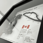 Black-framed Kimi Antonelli Canadian GP 2026 artwork with a miniature racing car on the left, raised circuit on the right and Canadian flag below.