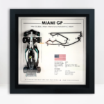 Black-framed Kimi Antonelli Miami GP 2026 artwork with a miniature racing car on the left, raised Miami circuit, United States flag and race information.