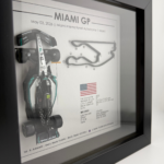 Black-framed Kimi Antonelli Miami GP 2026 artwork with a miniature racing car on the left, raised Miami circuit, United States flag and race information.
